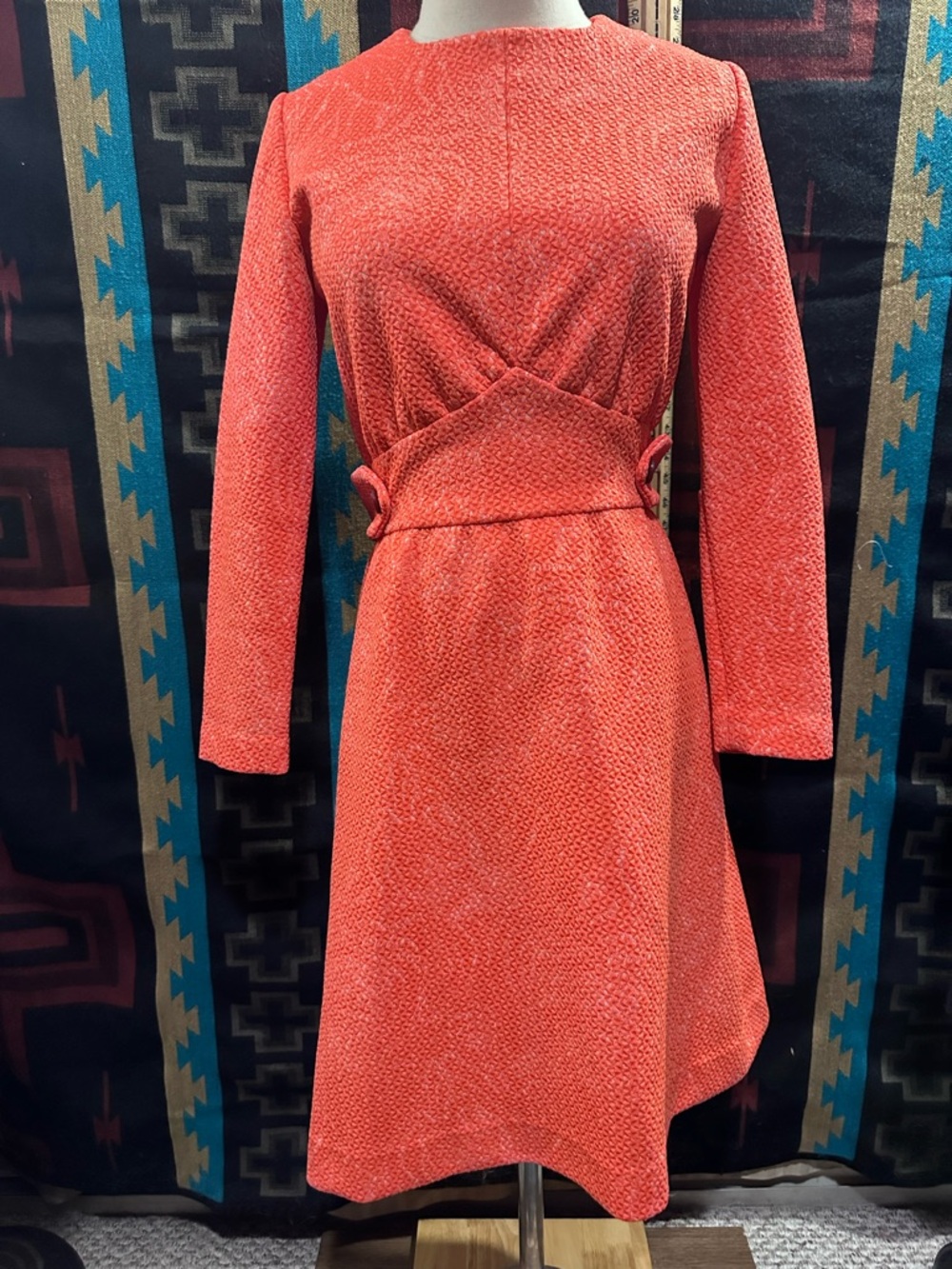 Vintage Classic Coral Long-Sleeve A-Line Dress